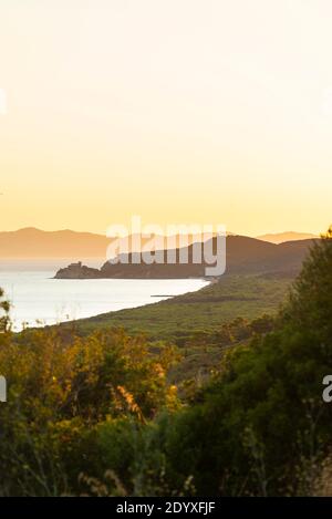 Vue de Castiglione della Pescaia de l'autre côté de la baie de Rochette à la mer Tyrrhénienne et l'île d'Elbe au coucher du soleil, Maremme, Toscane, Italie Banque D'Images