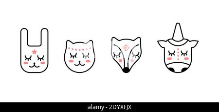 Têtes mignons d'animaux, lapin, licorne, chaton, renard les animaux lignes des personnages de bébé Illustration de Vecteur