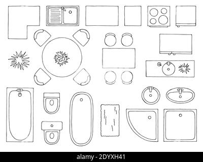 Ensemble de meubles plan d'étage architecte élément design graphique noir blanc vecteur d'illustration isolé de la vue aérienne d'esquisse supérieure Illustration de Vecteur