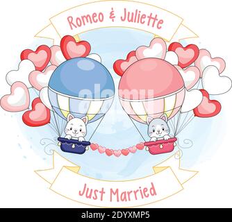 deux chatons adorables sur des ballons à air chaud entourés d'un cœur bulles Illustration de Vecteur