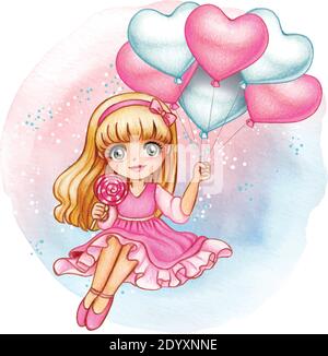 Belle fille aquarelle tenant romantique coeur ballons Illustration de Vecteur