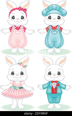 Mignon petit lapin couple garçon et fille Illustration de Vecteur