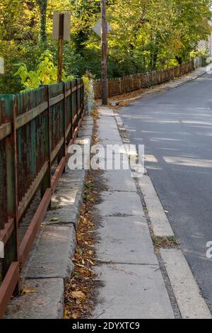 Longue vue sur un trottoir très étroit bordé de rue et de clôtures en fer forgé rouillé, arbres avec feuilles, aspect vertical Banque D'Images