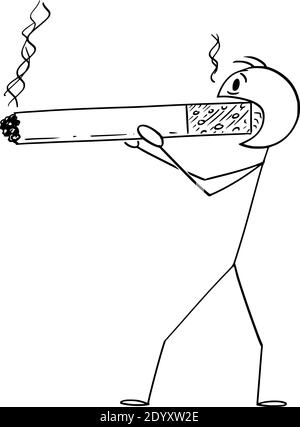 Dessin animé vectoriel figure de figure d'homme ou de fumeur tenant et fumant énorme ou grande cigarette. Concept de santé et de mode de vie. Illustration de Vecteur