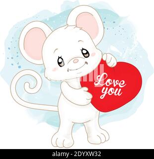 Jolie souris blanche aquarelle avec coussin en forme de coeur Illustration de Vecteur