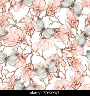 Motif romantique de magnolia vintage et de papillons sans couture Illustration de Vecteur