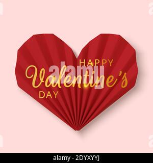 Carte de voeux pour la Saint-Valentin. Cœur en papier rouge 3d réaliste et texte doré sur fond rose. Amour et mariage. Modèle pour les produits, bannières Web et Illustration de Vecteur