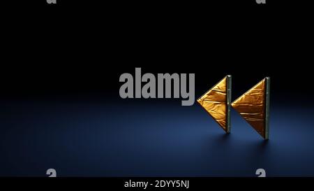 symbole de rendu 3d de flèches triangulaires doubles vers l'arrière et vers la gauche enveloppé dans une plaque en feuille d'aluminium thermique dorée sur fond bleu foncé Banque D'Images