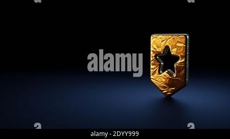 symbole de rendu 3d de l'étiquette avec étoile enveloppée d'or plaque thermique sur fond bleu foncé Banque D'Images