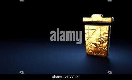 symbole de rendu 3d de la corbeille enveloppée dans un film thermique doré plaque en aluminium sur fond bleu foncé Banque D'Images