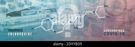 Coronavirus Covid-19 traitement par phosphate de chloroquine ou illustration du concept de vaccin bannière Banque D'Images