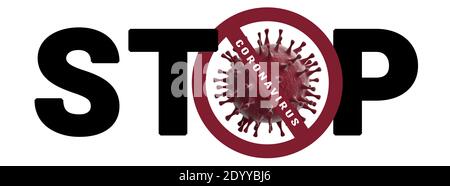 Covid-19, Red title STOP with 3D virus, concept Banner Stop coronavirus Banque D'Images