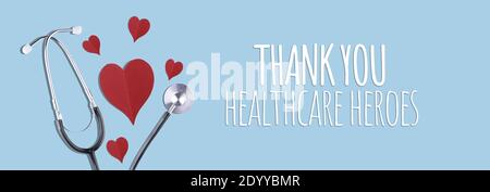Merci message du personnel médical avec stéthoscope et cœur rouge - bannière Banque D'Images