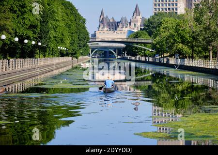 Ottawa, Canada. Personne vue de derrière le canoë-kayak le long du canal Rideau, avec Château Laurier en arrière-plan Banque D'Images