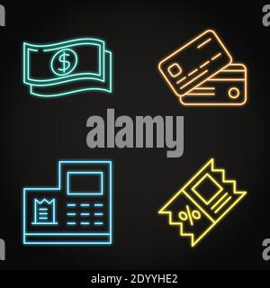 Icône de néon de paiement définie en style de ligne. Billets de banque en dollars, coupon de réduction, carte de crédit et symboles de caisse enregistreuse. Illustration vectorielle. Illustration de Vecteur