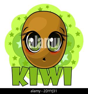 Kiwis sur fond abstrait. Face. Inscription. Objet isolé sur blanc. Mûr. Style dessin animé plat. Illustration. Souriez. Banque D'Images