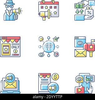 Stratégies marketing jeu d'icônes de couleur RVB Illustration de Vecteur