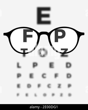 Lunettes dioptriques et lunettes pendant le test de la vue et de la vue et examen - l'œil est testé - graphique des yeux flous comme symptôme de myopie et Banque D'Images