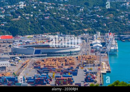 Sky Stadium au port des conteneurs de Wellington, Nouvelle-Zélande Banque D'Images