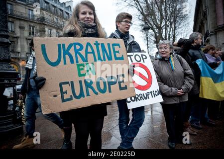 Rassemblement ukrainien pro-UE sur la place Saint-Michel, à Paris, France, le 22 décembre 2013. Photo de Nicolas Messyasz/ABACAPRESS.COM Banque D'Images