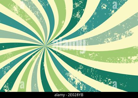 motif rétro groovy sunburst dans le style hippy des années 60 grunge palette de couleurs vintage texturées en spirale bleu et vert ou une bande radiale tourbillonnée Banque D'Images