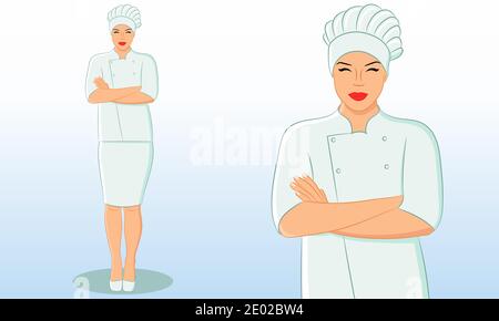 Pleine longueur et portrait de belle jeune femme souriante chef ou cuisinier portant chapeau de chef et uniforme. Food Influencer, cours de cuisine, didacticiel vidéo. V Illustration de Vecteur