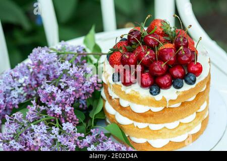 Gâteau d'été maison avec biscuits à la crème et aux baies fraîches Le jardin Lilas Soft Focus Banque D'Images