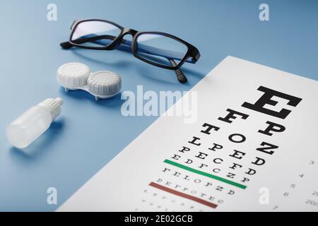 Lunettes avec lentilles de contact, gouttes et carte de test oculaire optométriste sur fond bleu. La vue de dessus. Espace libre Banque D'Images