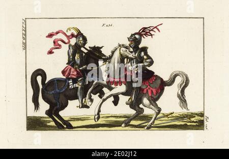 Deux chevaliers en armure de plaque à cheval combattant un duel avec des nez dans un tourney. Le chevalier de droite a jeté son nœud autour du cou de son adversaire. Leurs épées se trouvent sur le sol. Le chevalier du chargeur noir porte une jupe rose et des rubans de son casque à cornes. Le chevalier à droite a une jupe violette et des rubans violets de son casque. Copié d'une coupe de bois par Jost Amman dans Ritterliche Reutter Kunst, 1584. Gravure en coperplate de couleur main de la photo historique de Robert von Spalart des costumes du peuple principal de l'Antiquité et du Moyen-âge, Vienne, 1802. Banque D'Images