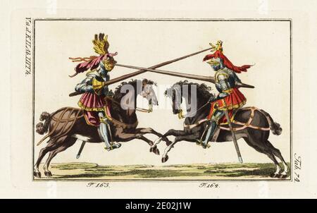 Deux chevaliers en armure de plaque à cheval combattant un duel avec des lances dans un tourney. Le chevalier à droite a dirigé sa lance contre le casque vizor 164 de son adversaire, tandis que le chevalier à gauche vise le lion endémique sur le casque 163 de son adversaire. Copié d'une coupe de bois par Jost Amman dans Ritterliche Reutter Kunst, 1584. Gravure en coperplate de couleur main de la photo historique de Robert von Spalart des costumes du peuple principal de l'Antiquité et du Moyen-âge, Vienne, 1802. Banque D'Images