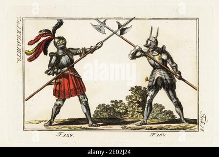 Deux chevaliers en armure à pied, battant un duel avec des halberds dans un tourney. Le chevalier à gauche porte une jupe cramoisi sur son armure de plaque et un casque avec des panaches rouges, noires et jaunes 159, le chevalier à droite porte un costume d'armure avec un casque 160. Copié du Weisskunig de Maximilien I. gravure en copperplate de couleur main de Robert von Spalaart photo historique des costumes du peuple principal de l'Antiquité et du Moyen-âge, Vienne, 1802. Banque D'Images