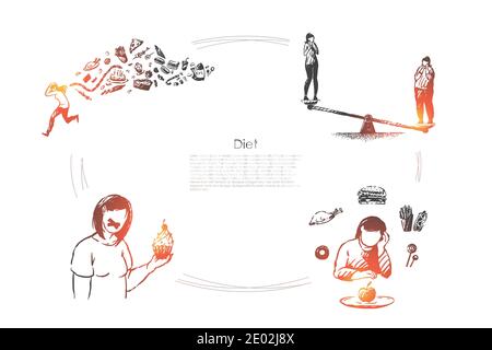 Mode de vie sain, perte de poids, contrôle des calories, femme mangeant des fruits et des légumes, modèle de bannière alimentaire végétarienne. Plan de nutrition, vitamine régime co Illustration de Vecteur