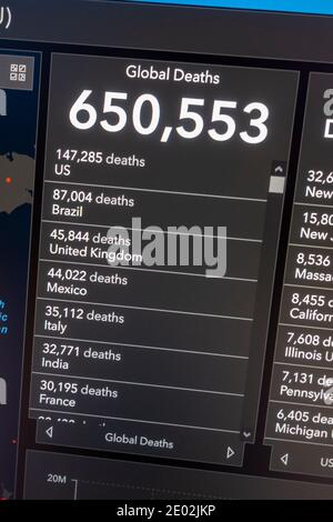 Tableau des décès globaux totaux, site Web du coronavirus de l'Université de médecine Johns Hopkins, le 27 juillet 2020. Banque D'Images