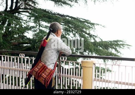 Moine bouddhiste dans des vêtements civils debout dans un chandail avec un sac et un parapluie regardant les arbres couverts de brouillard À Dharamshala Mcleodganj Banque D'Images