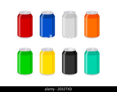 Ensemble de canettes de soda. Collection de boissons gazeuses dans des récipients en aluminium colorés. Saveurs de boissons froides. Emballage en aluminium de différentes couleurs. Isolé sur blanc Illustration de Vecteur