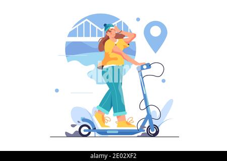 Une fille fait le tour de la ville en scooter électrique Illustration de Vecteur