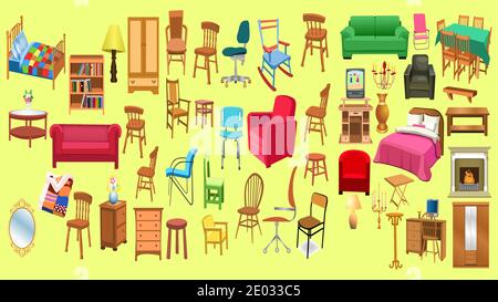 Jeu d'illustrations vectorielles pour meubles. Décor de dessin animé à plat avec canapé-fauteuil, lampe, table, plantes de maison. Articles tendance de marque pour la maison en dehors Illustration de Vecteur