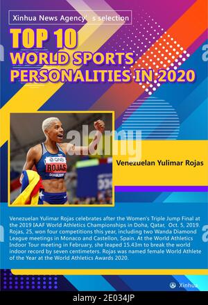 Pékin, Qatar. 5 octobre 2019. Le Venezuela Yulimar Rojas célèbre après la finale du triple saut féminin aux Championnats du monde d'athlétisme de l'IAAF 2019 à Doha, Qatar, le 5 octobre 2019. Rojas, 25 ans, a remporté quatre compétitions cette année, dont deux réunions de la Ligue des diamants de Wanda à Monaco et à Castellon, en Espagne. Lors de la rencontre du World Athletics Indoor Tour en février, elle a récolté 15,43 m pour battre le record mondial en intérieur de sept centimètres. Rojas a été nommée athlète féminine mondiale de l'année aux World Athletics Awards 2020. Credit: Shi Manke/Xinhua/Alay Live News Banque D'Images