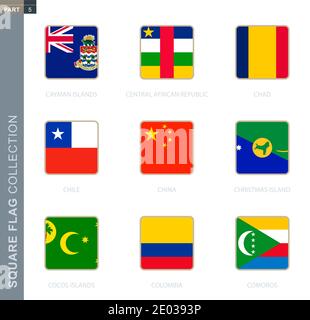 Collection de drapeaux carrés du monde. Drapeaux carrés des îles Caïmans, République centrafricaine, Tchad, Chili, Chine, Île de Noël, Îles Cocos, C Illustration de Vecteur