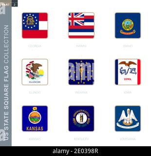 Collection de drapeaux carrés des États américains. Drapeaux carrés de l'État des États-Unis : Géorgie, Hawaï, Idaho, Illinois, Indiana, Iowa, Kansas, Kentucky, Louisiane Illustration de Vecteur