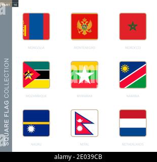 Collection de drapeaux carrés du monde. Drapeaux carrés de Mongolie, Monténégro, Maroc, Mozambique, Myanmar, Namibie, Nauru, Népal, pays-Bas Illustration de Vecteur