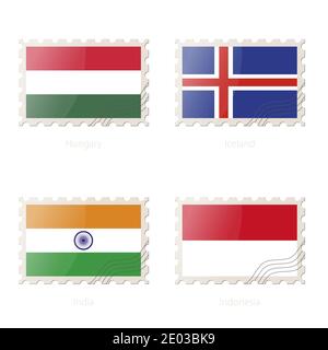 Timbre-poste avec l'image du drapeau de la Hongrie, de l'Islande, de l'Inde et de l'Indonésie. Inde, Indonésie, Hongrie, Islande Pavillon Postage sur fond blanc avec shad Illustration de Vecteur