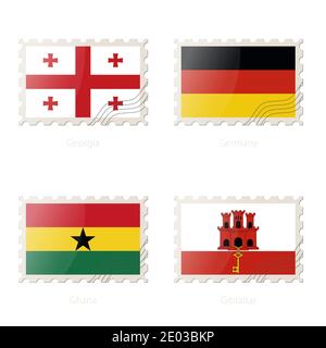 Timbre-poste avec l'image de la Géorgie, de l'Allemagne, du Ghana, du drapeau de Gibraltar. Ghana, Gibraltar, Géorgie, Allemagne drapeau Postage sur fond blanc avec shad Illustration de Vecteur