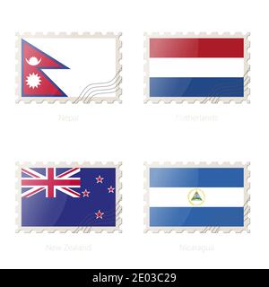 Timbre-poste avec l'image du drapeau du Népal, des pays-Bas, de la Nouvelle-Zélande et du Nicaragua. Nouvelle-Zélande, Nicaragua, Népal, pays-Bas Pavillon Postage sur fond blanc Illustration de Vecteur