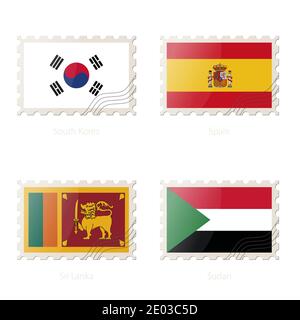 Timbre-poste avec l'image de la Corée du Sud, de l'Espagne, du Sri Lanka et du drapeau du Soudan. Illustration vectorielle. Illustration de Vecteur