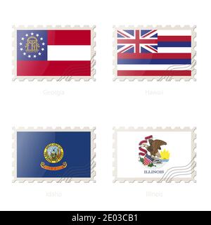 Timbre-poste avec l'image de la Géorgie, Hawaï, Idaho, Illinois State Flag. Illustration vectorielle. Illustration de Vecteur