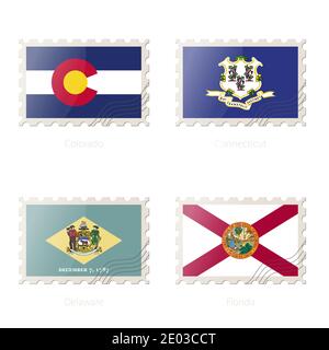 Timbre-poste avec l'image du Colorado, Connecticut, Delaware, Florida State Flag. Illustration vectorielle. Illustration de Vecteur