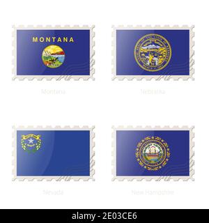 Timbre-poste avec l'image de Montana, Nebraska, Nevada, New Hampshire State Flag. Illustration vectorielle. Illustration de Vecteur