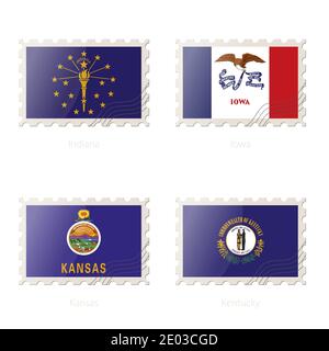 Timbre-poste avec l'image de l'Indiana, Iowa, Kansas, Kentucky State Flag. Illustration vectorielle. Illustration de Vecteur