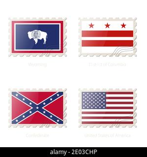 Timbre-poste avec l'image du Wyoming, District de Columbia, Confederate, drapeau des États-Unis d'Amérique. Illustration vectorielle. Illustration de Vecteur